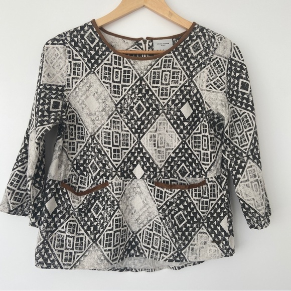 VERO MODA DENIM WHITE/GREY GEOMETRIC PATTERN TOP WITH BROWN SUEDE TRIM TOP, SM - Picture 10 of 13
